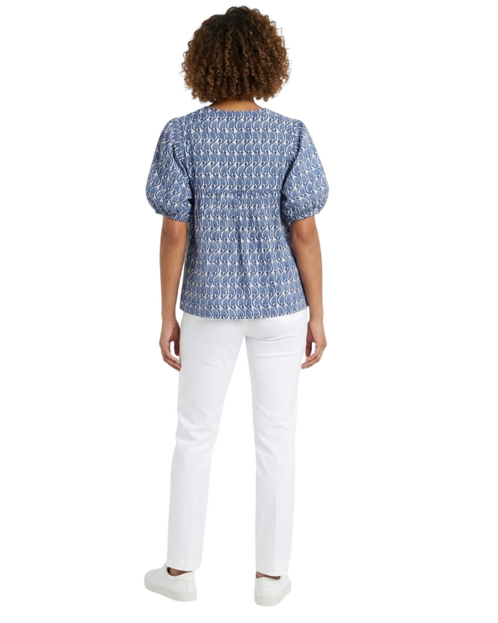 The Poppy Puff Sleeve Top in Blue White Floral Hand-Block Printed Cotton — view 3