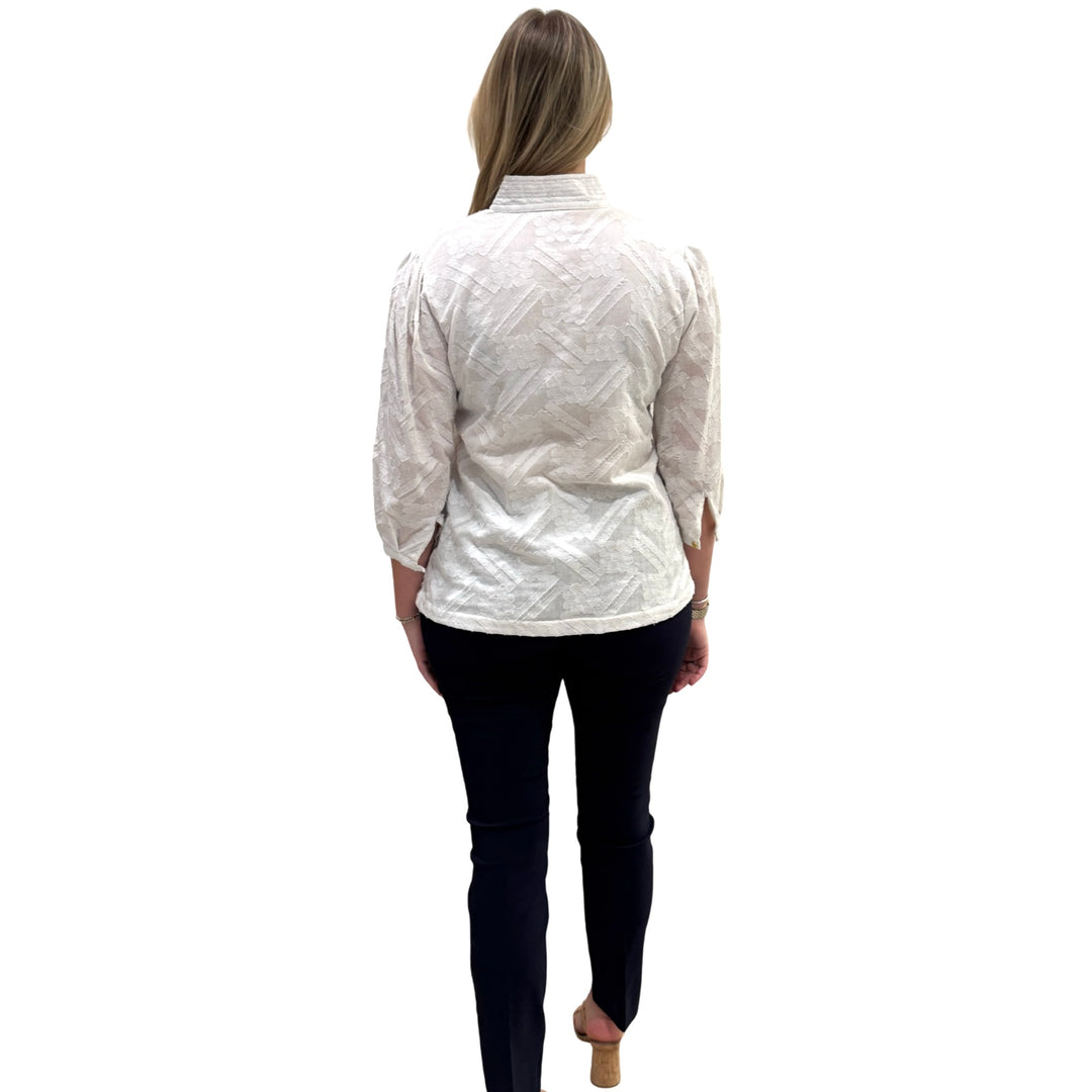 The Shipley Stand-up Collar top in White Cotton Jacquard — view 5