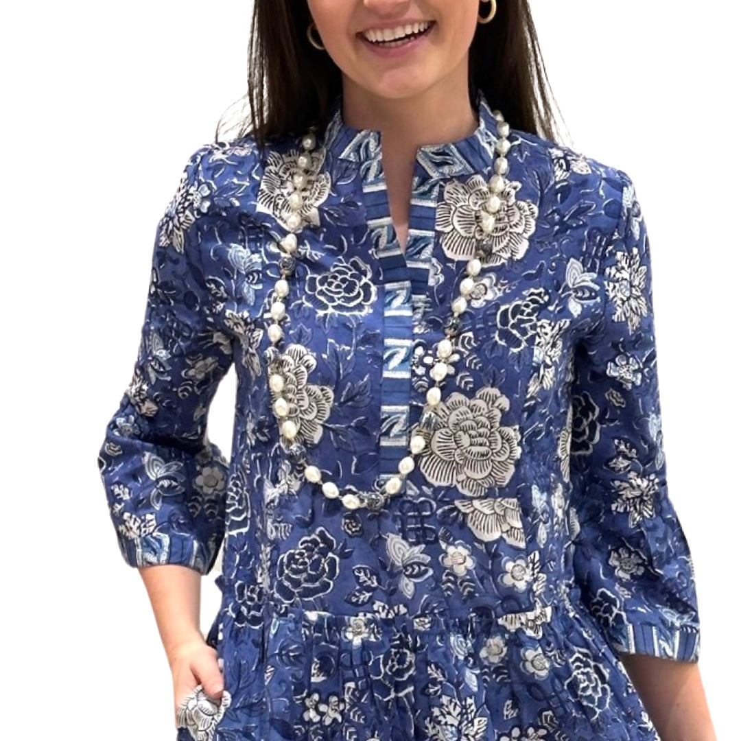 The Makayla Block Print Dress in Blue Floral — view 4