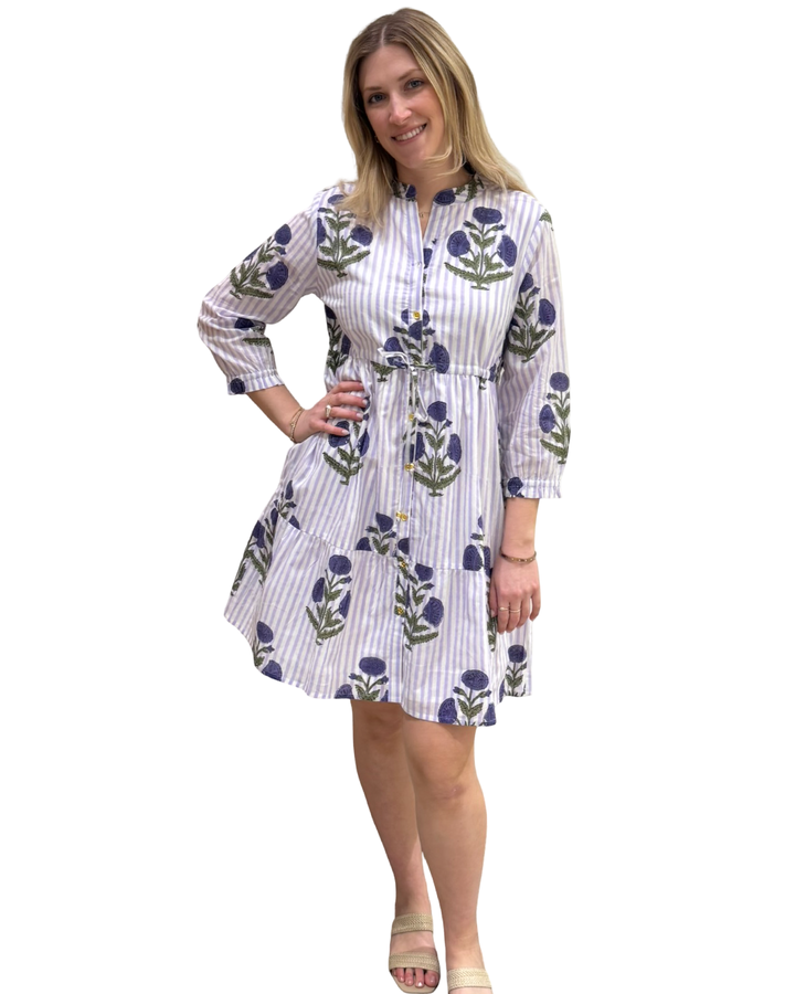 The Hamilton Striped Lavender Cotton Floral Hand Block Printed Dress