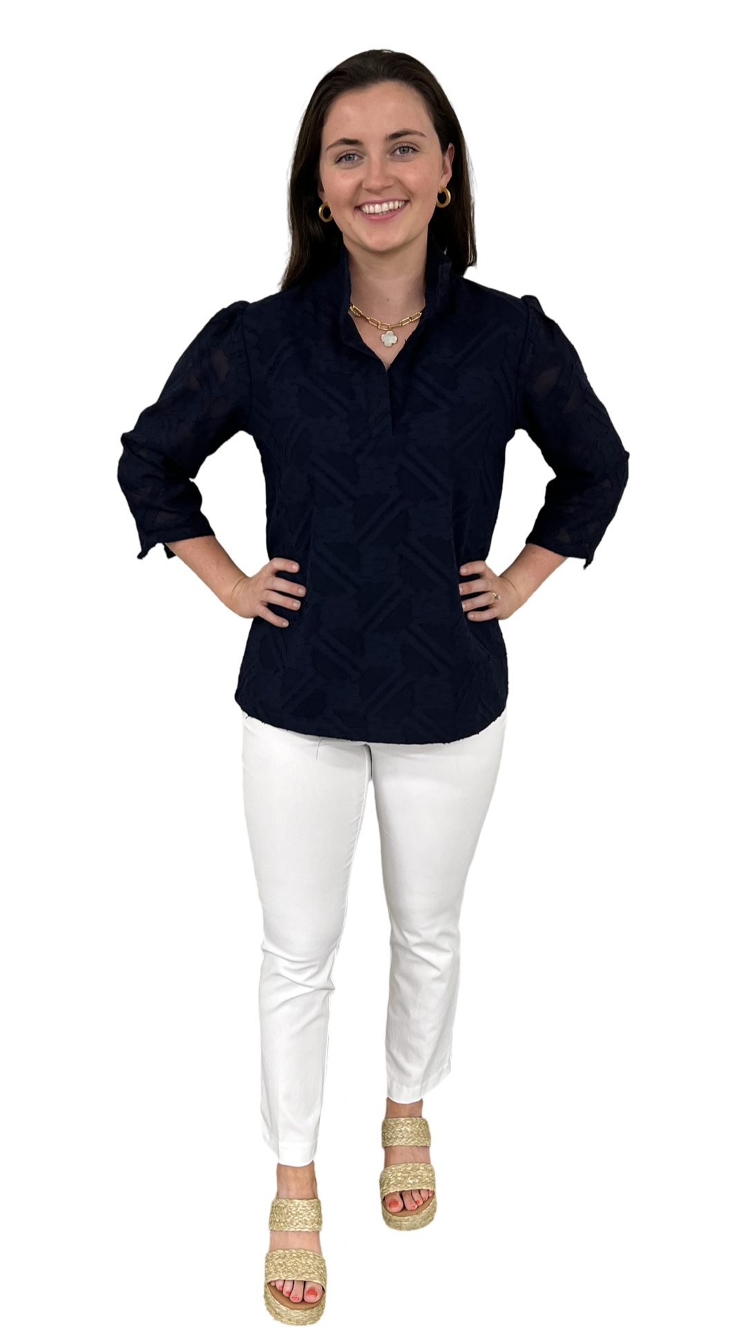 The Shipley Stand-Up Collar Top in Navy Jacquard Cotton — view 3
