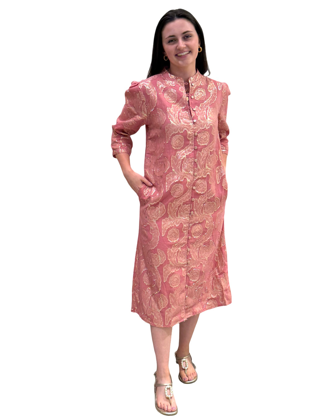 The Tabitha Button Front 3/4 Sleeve Dress in Rose Gold — view 3