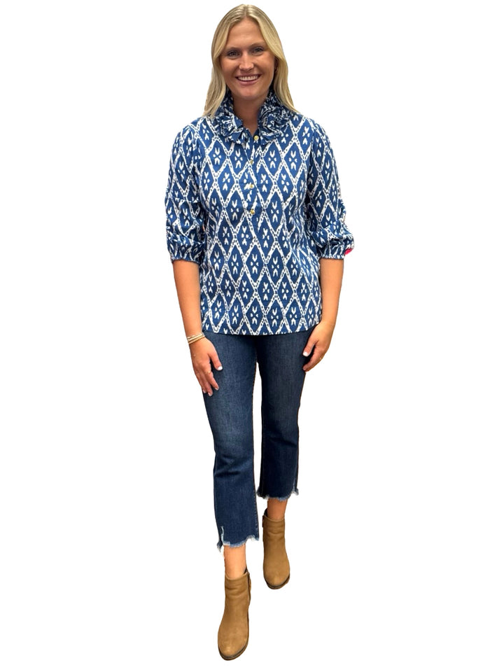 The Maria Ruffle Neck Blouse in Royal Blue and White