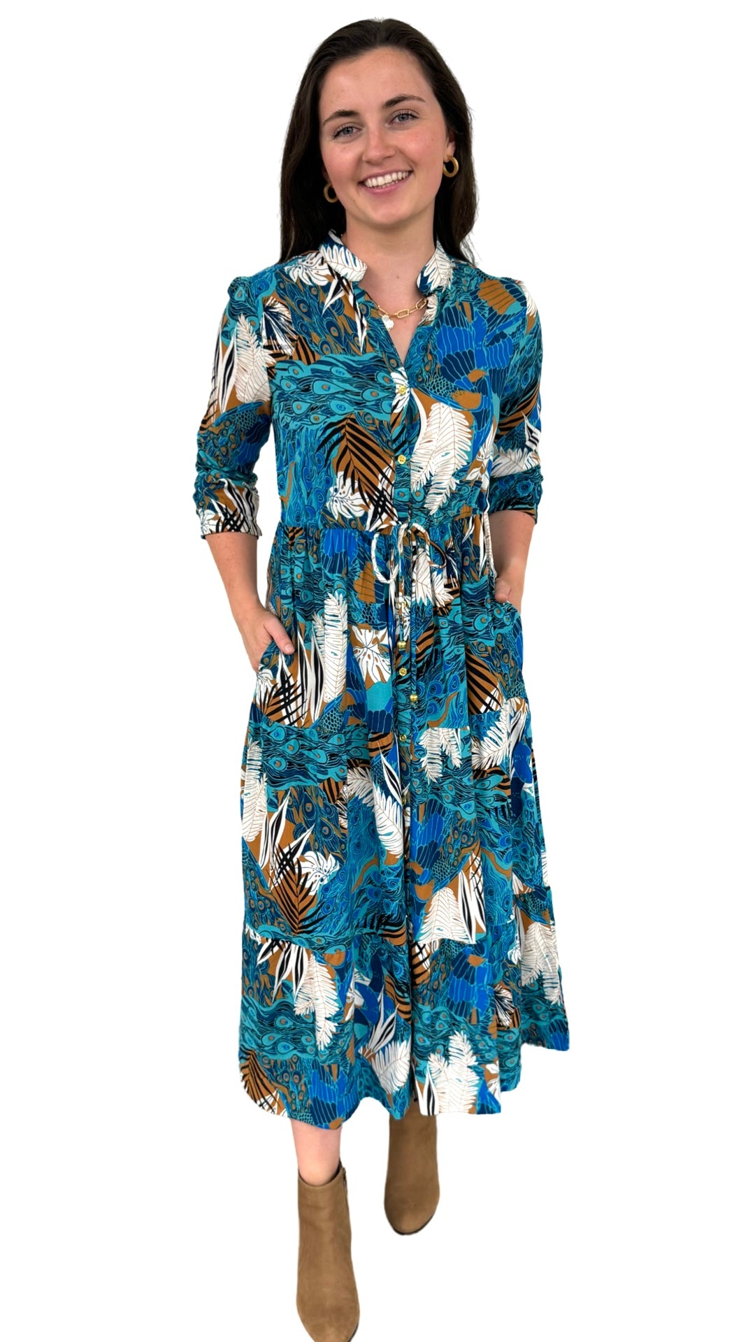 The Hamilton Tie Front Dress in Turquoise and Mocha Multi — view 4