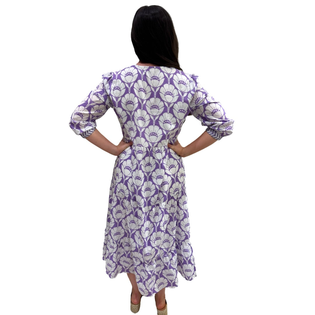 The Daniella Lavender Purple White Embroidered Cotton Dress — view 5