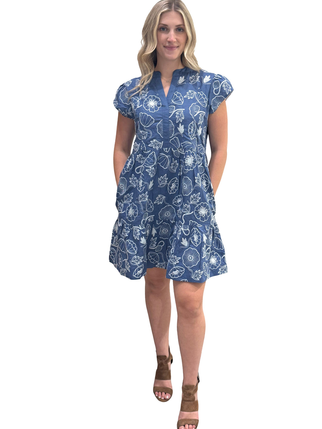 The Preston Embroidered Short Sleeve Dress in Blue white