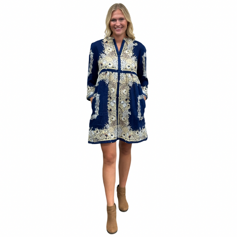 The Addison Border Print Dress in Navy and Beige — view 2