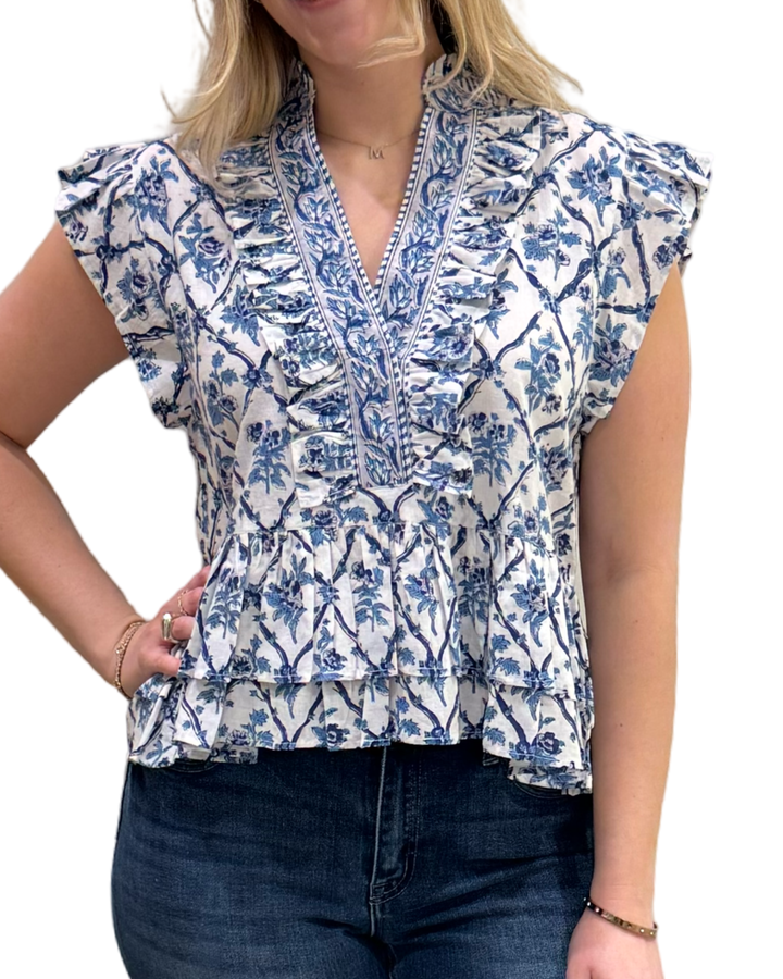 The Bella Ruffle Trimmed Top in White Blue Floral Border Print Cotton — view 3
