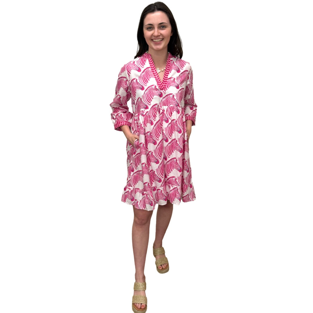 The Show Your Stripes Morley Embroidered Trim Dress in Pink and White Zebra Print