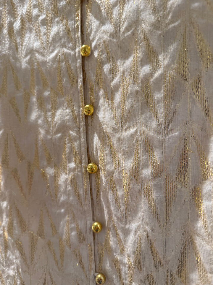 The Tabitha Button Front Dress in White and Gold Jaquard — view 7