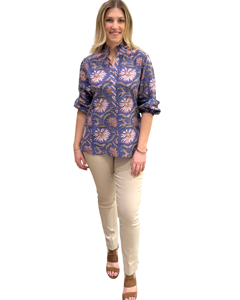 The Tricia Ruffle Trim Hand Block Printed Top in Purple Floral — view 2
