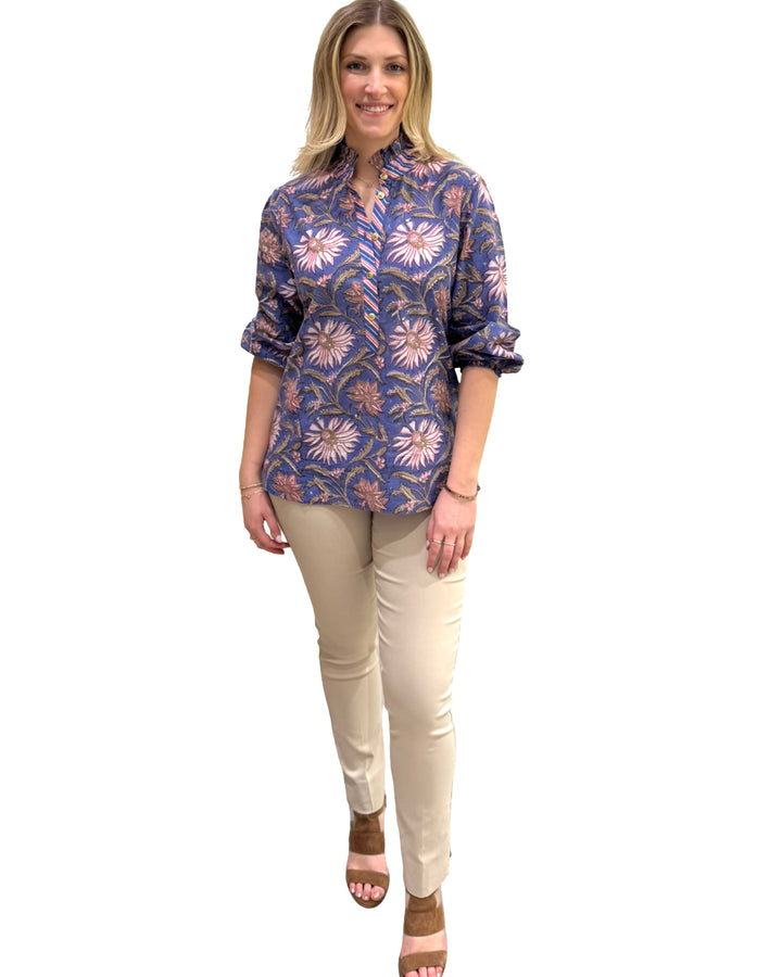 The Tricia Ruffle Trim Hand Block Printed Top in Purple Floral — view 2