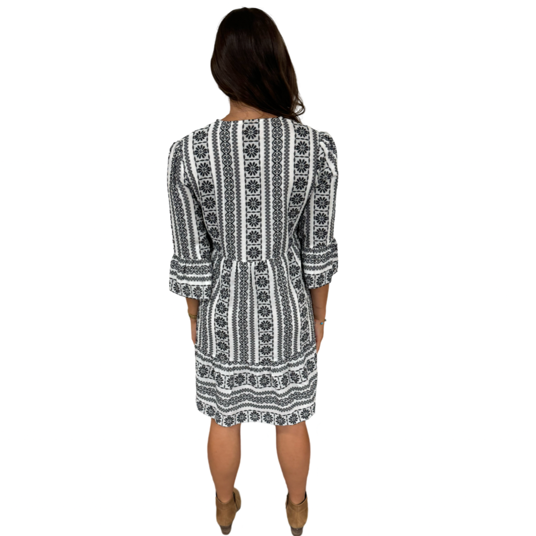 The Alexandra Black and White Jacquard 3/4 Sleeve Dress — view 6
