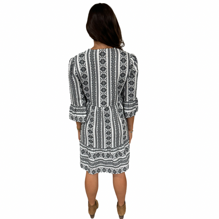 The Alexandra Black and White Jacquard 3/4 Sleeve Dress — view 6