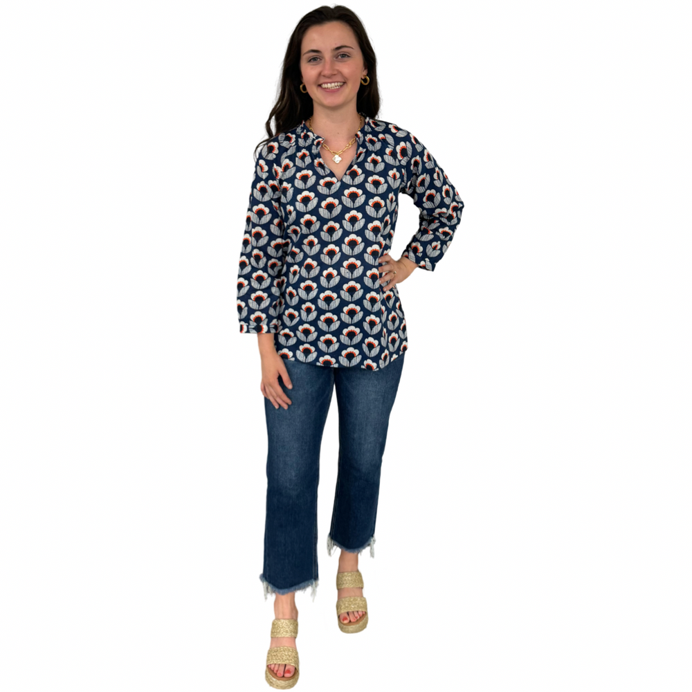 The Dahlia Smocked Neck Top in Navy and Orange Floral — view 2