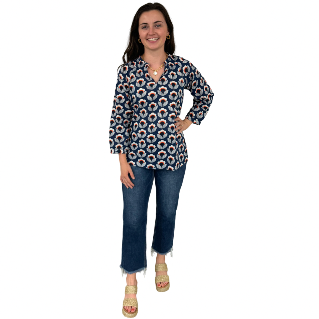 The Dahlia Smocked Neck Top in Navy and Orange Floral — view 2