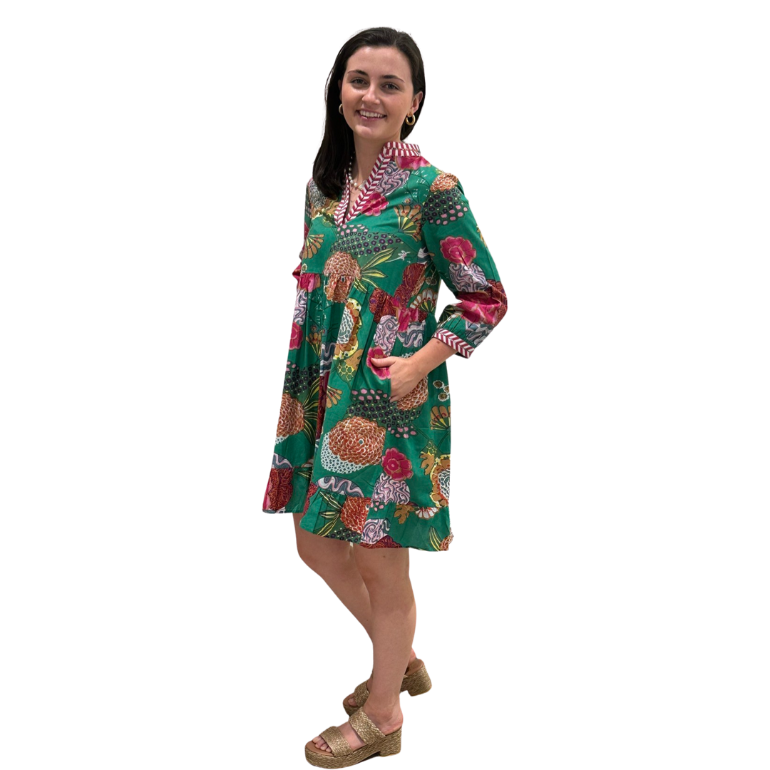 The Morley Cotton Hand Block Printed Embroidered Trim Dress in Jade — view 5