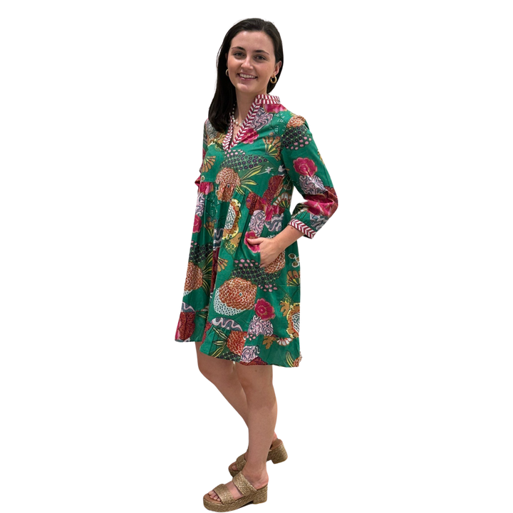 The Morley Cotton Hand Block Printed Embroidered Trim Dress in Jade — view 5