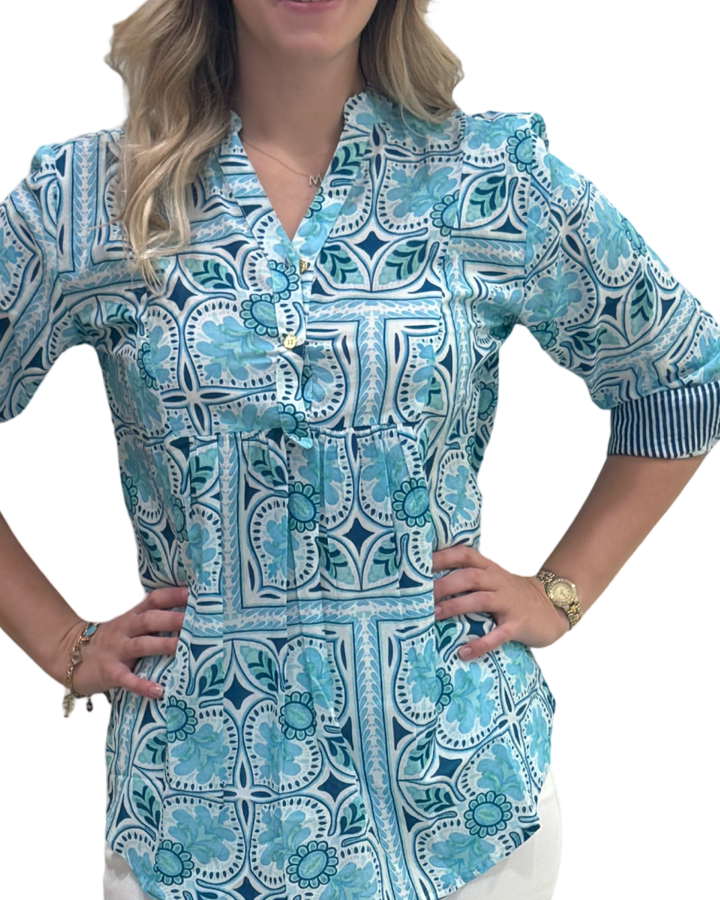 The Elliott Cotton Top in Aqua Tile Print — view 4