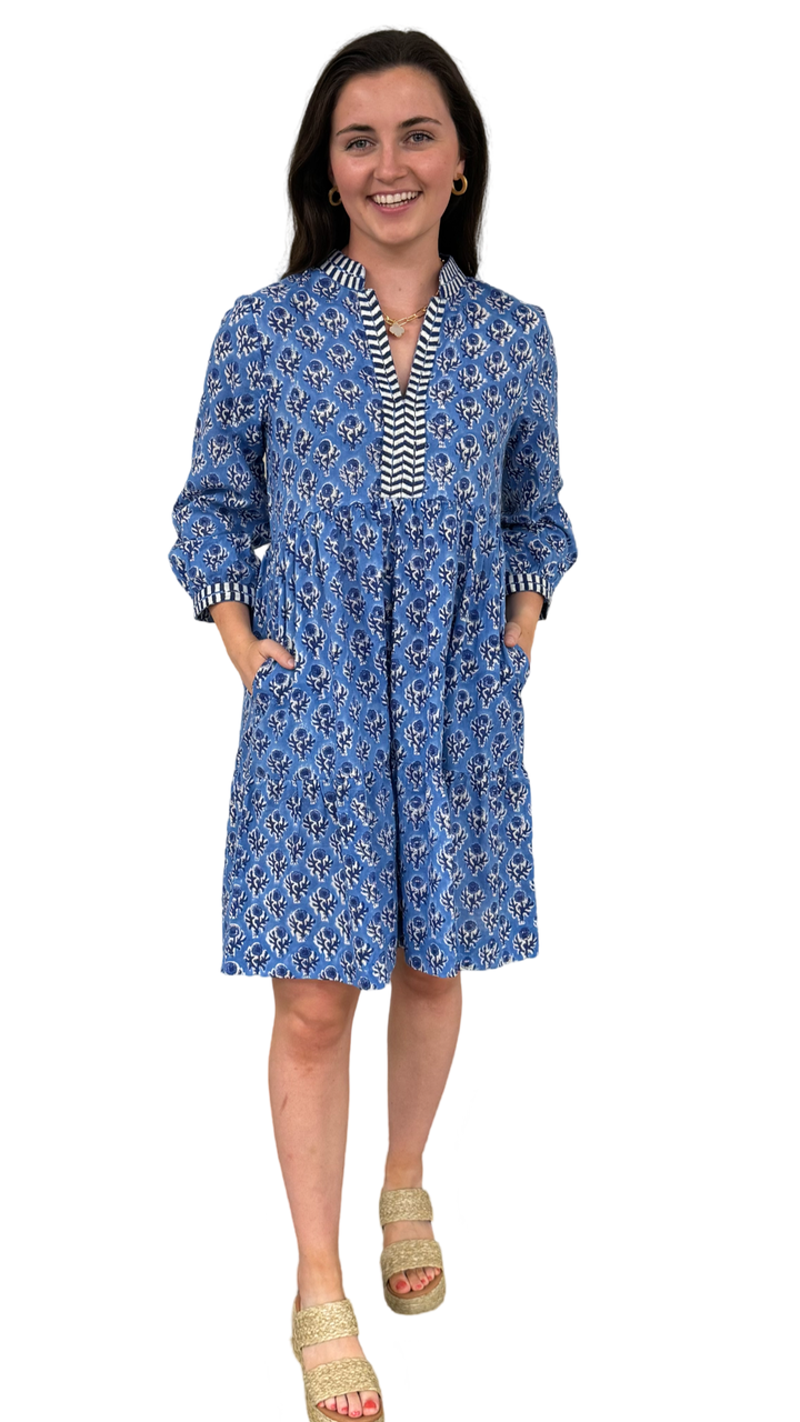 The Naomi Hand Block Printed Cotton Embroidered Dress in Brilliant Blue and White Floral — view 2
