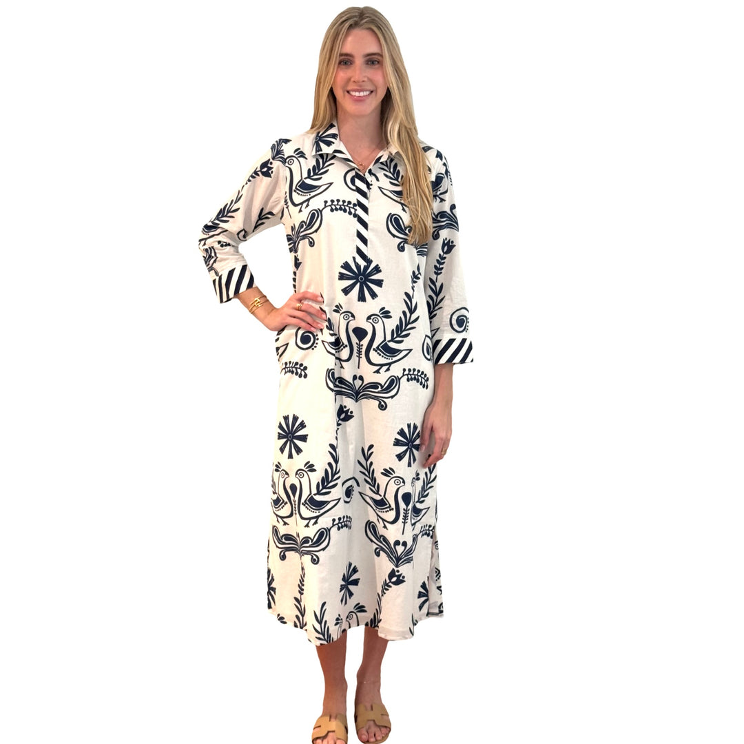 The Lisette Cotton Dress in White and Navy Bird Print