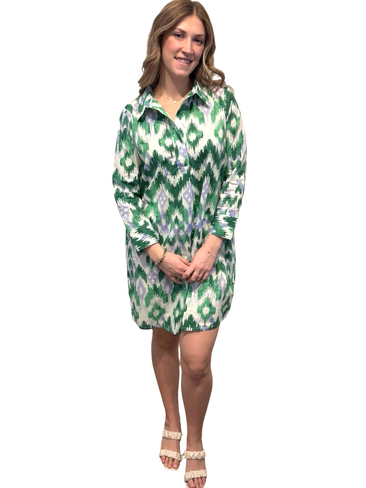 The Holland Cotton Shirt Dress in Green Ikat — view 7