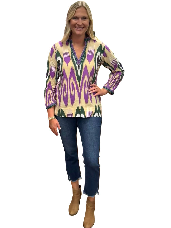 The Winslow Embroidered Trim Tunic in Green Purple Ikat