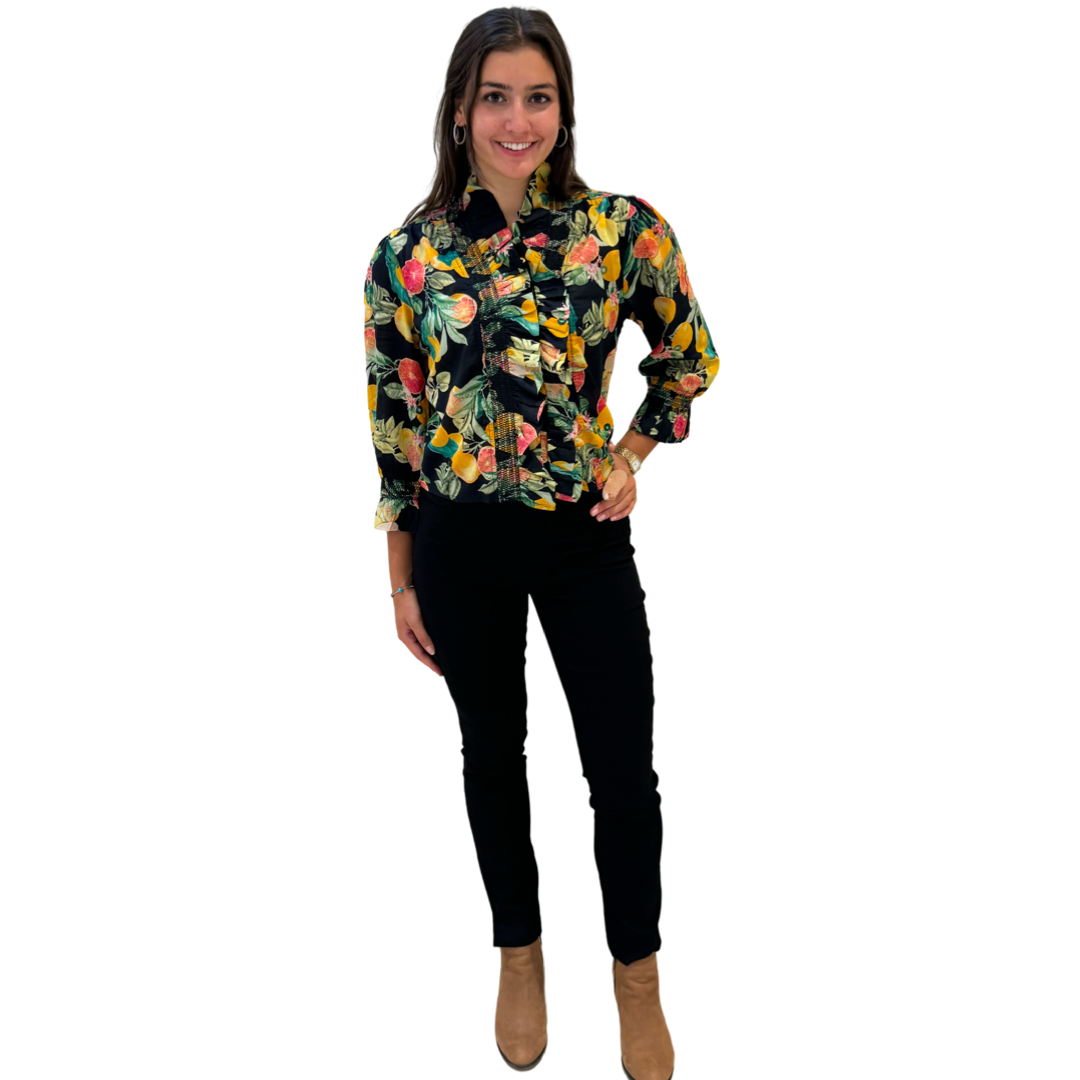 The Amelia Ruffle Top in Black Citrus Floral — view 3