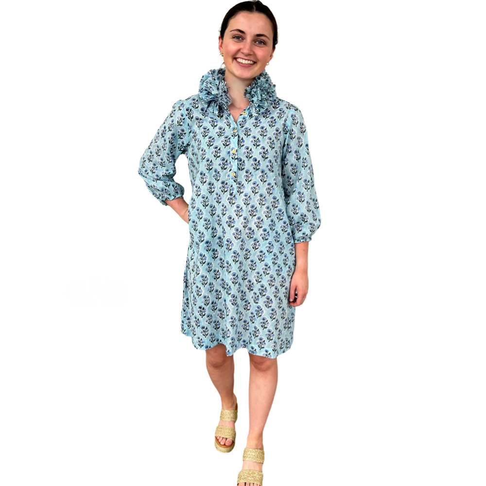 The Maria Ruffle Neck Dress in Aqua Floral Hand Blocked Cotton — view 2