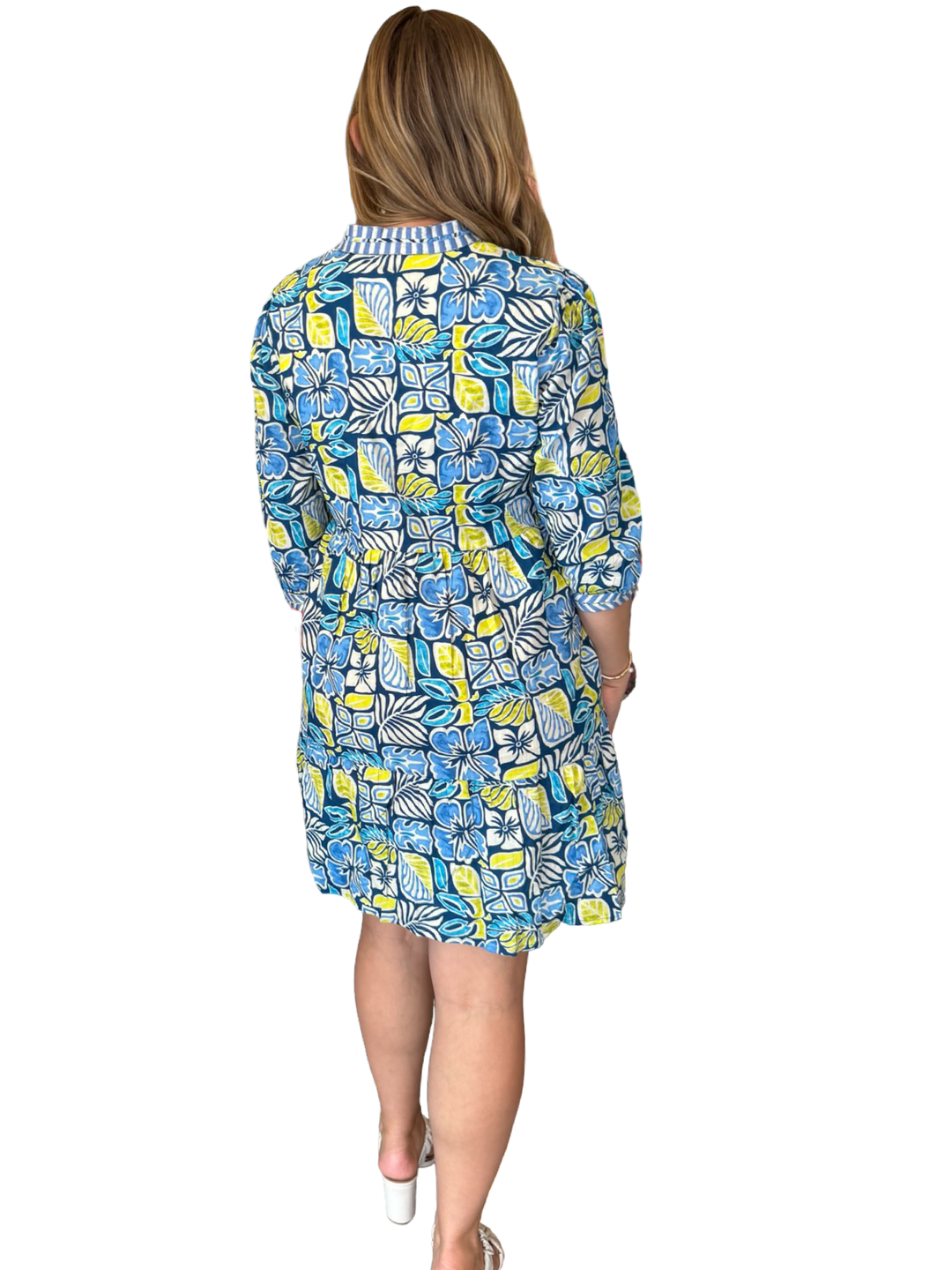 The Daniella Embroidered Trim 3/4 Sleeve Dress in Blue Green Multi — view 5