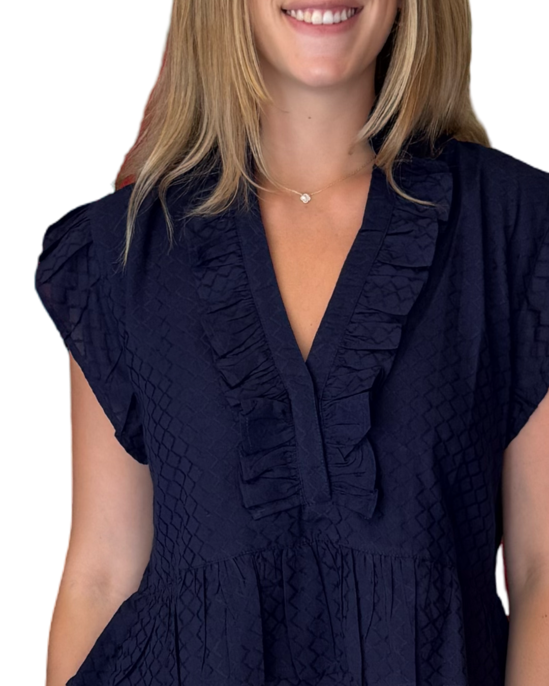 The Bella Ruffle Shirt in Navy Jacquard — view 3