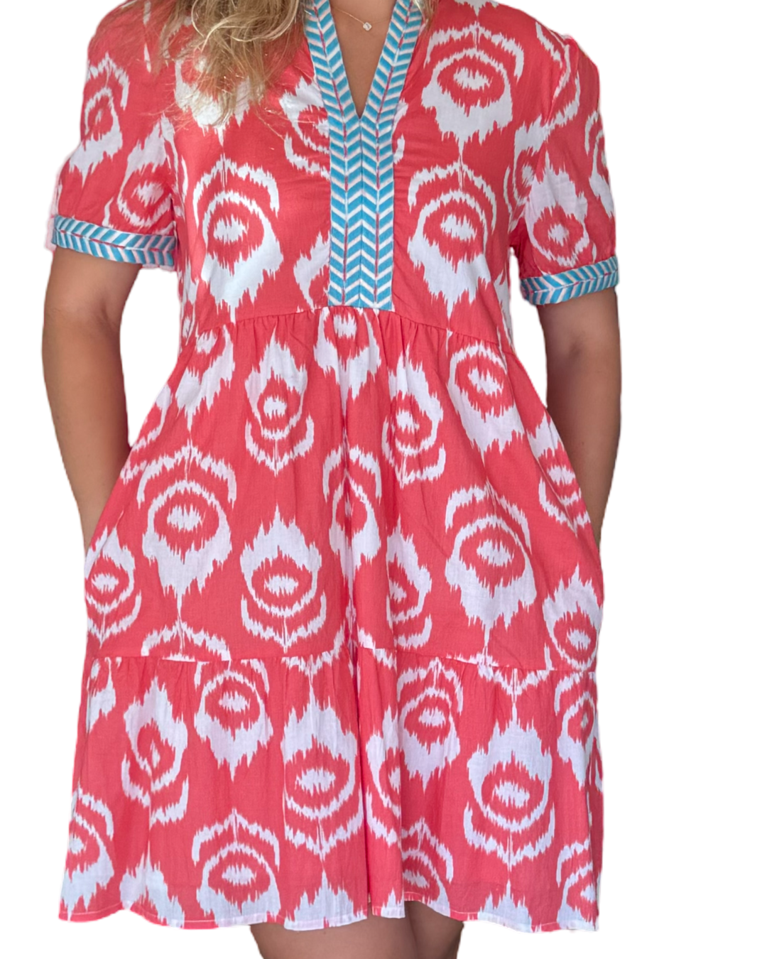 The Daniella Embroidered Trim Short Sleeve Dress in Coral White Ikat — view 6