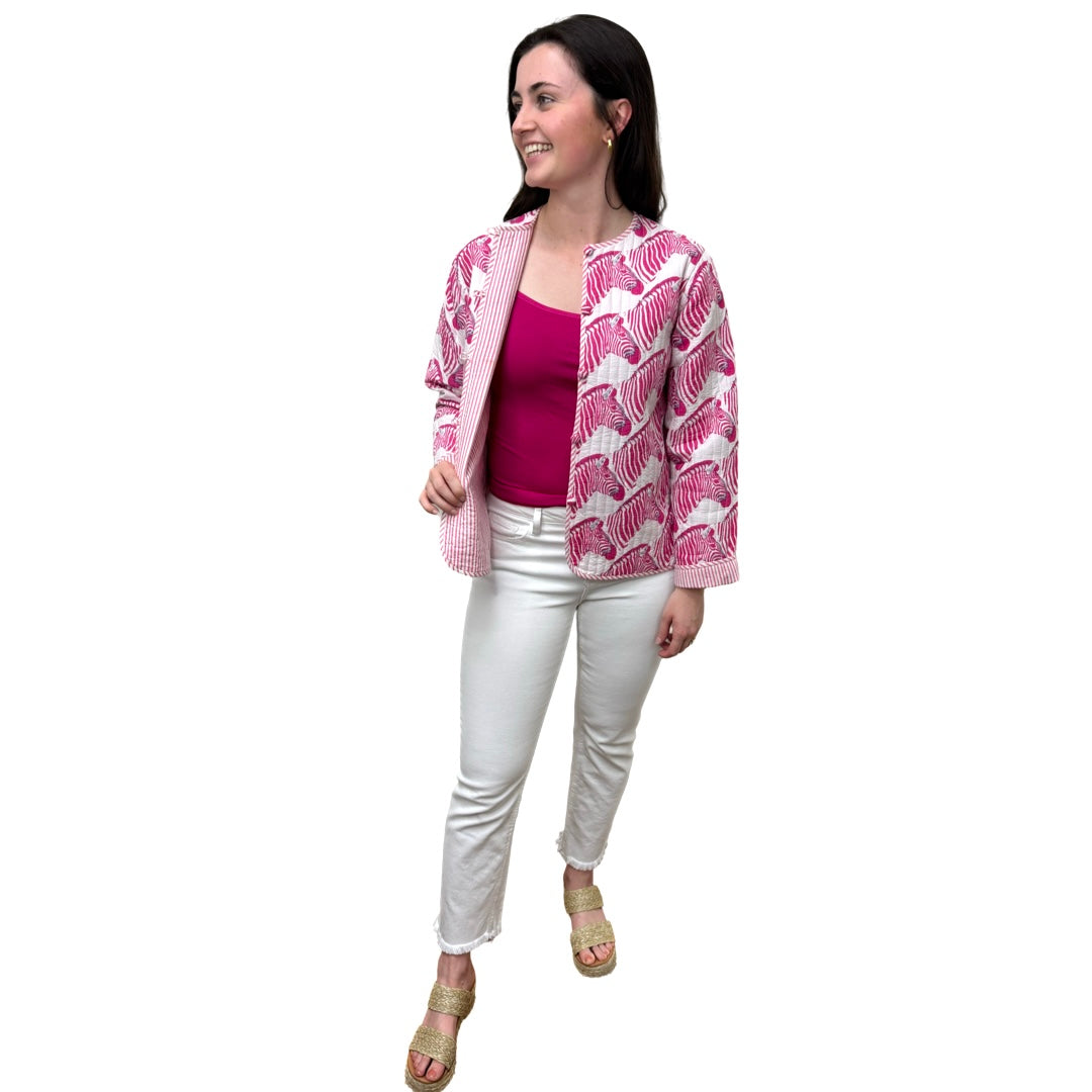 Show Your Stripes Madeline Quilted Cotton Reversible Pink and White Zebra Print Jacket — view 9