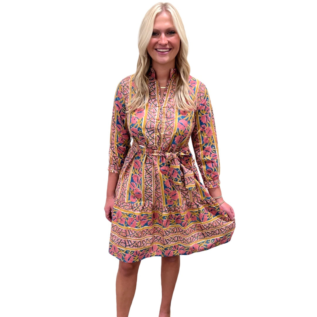 The Hampton Button Front Sash Dress in Peach and Gold