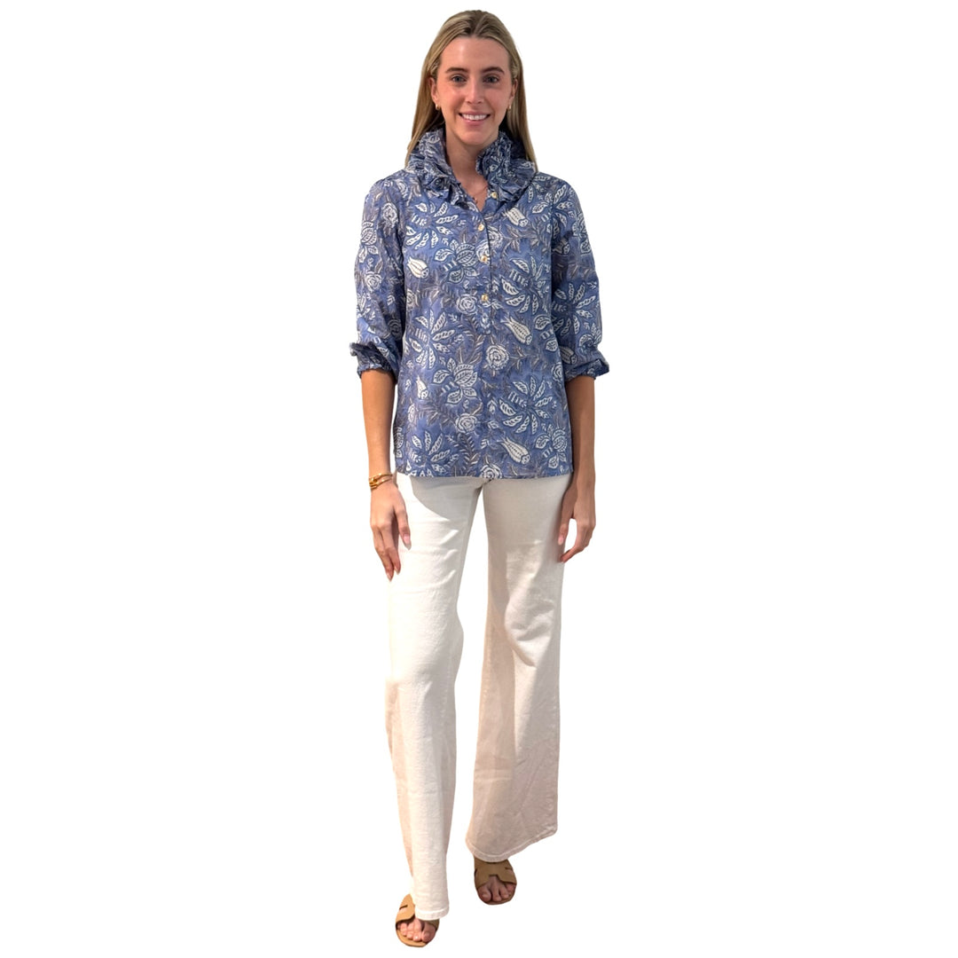 The Maria Ruffle Neck Blouse in Cotton Hand Blocked Blue Grey Floral — view 3