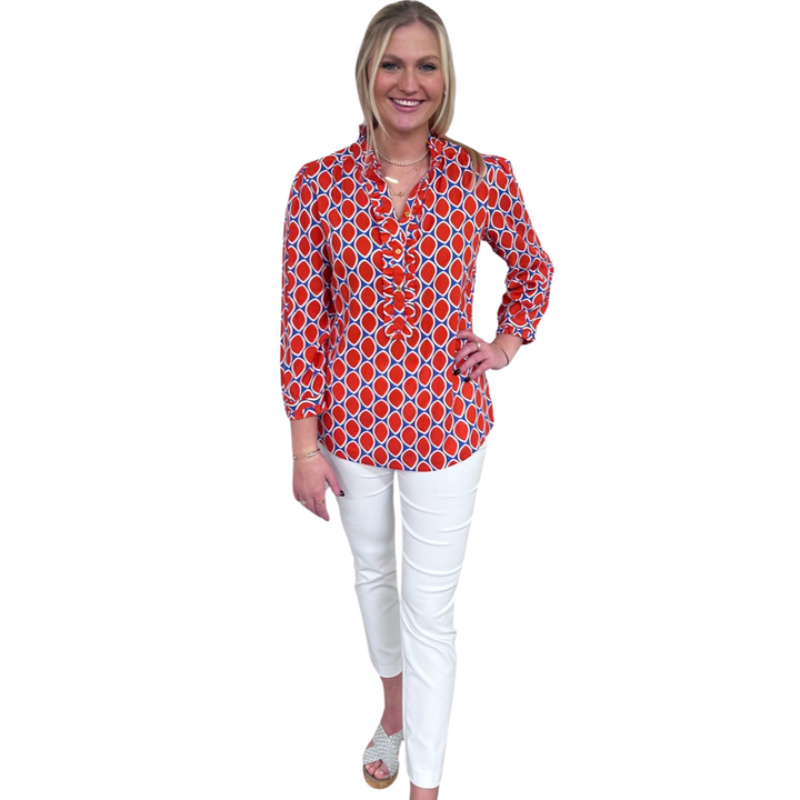 The Carrie Tangerine and Blue Ruffle Trimmed Top — view 3