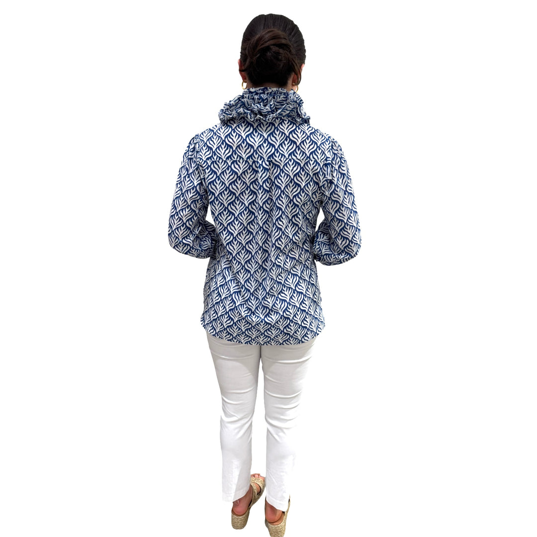 The Maria Ruffle Neck Blouse in Blue and White — view 6