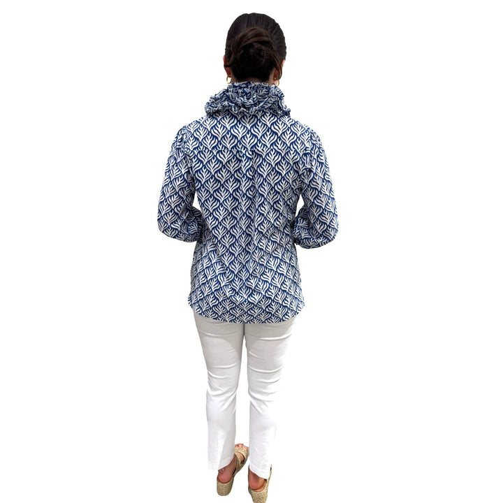 The Maria Ruffle Neck Blouse in Blue and White — view 6