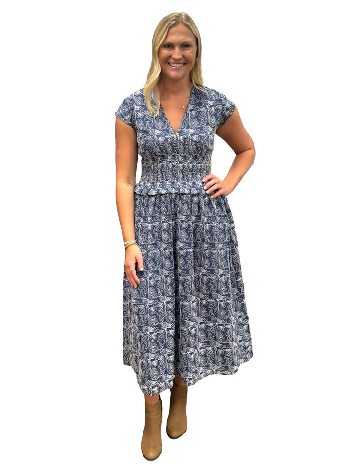 The MacColl Navy Embroidered Cinch Waist Dress