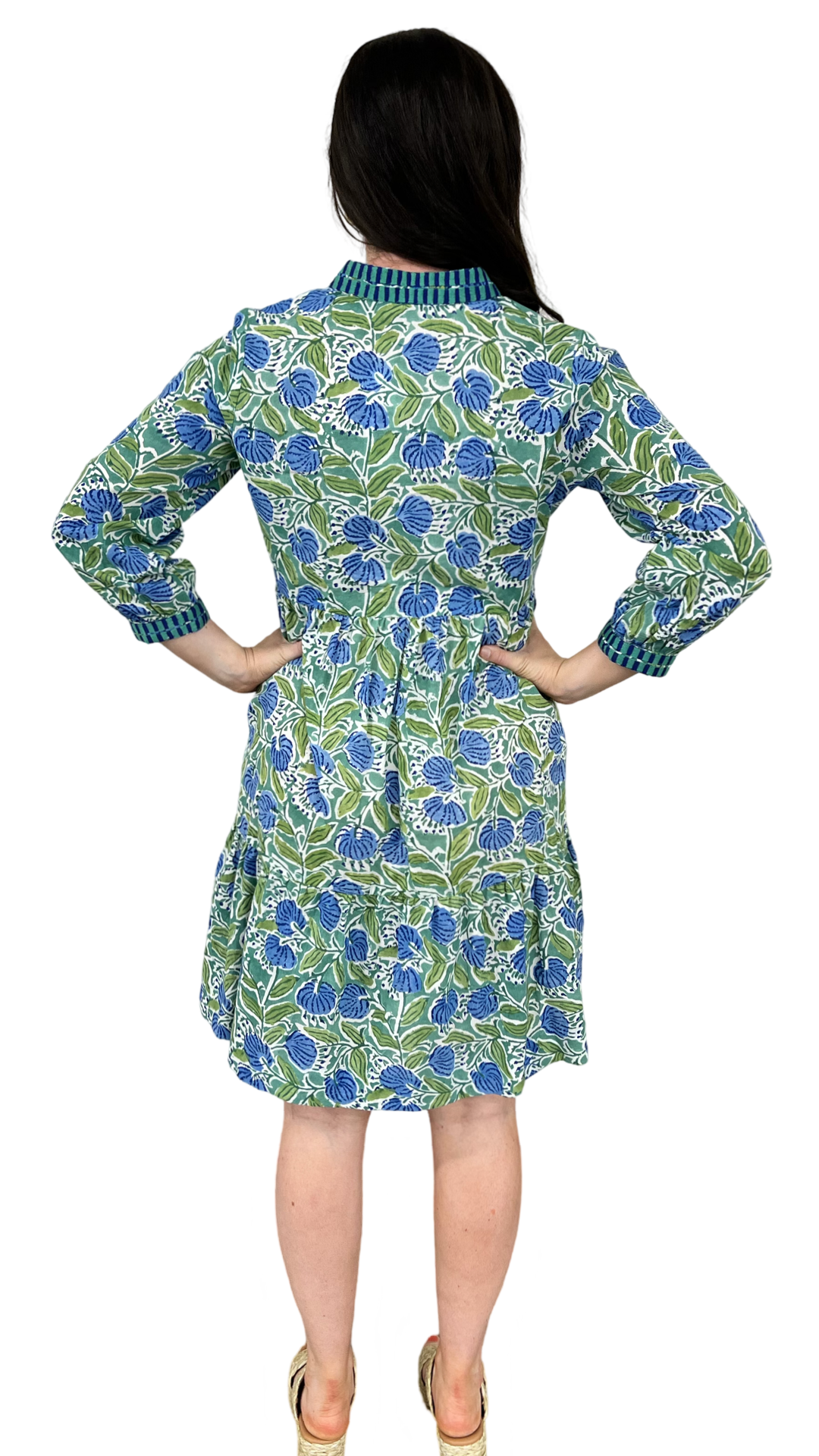 The Naomi Hand Block Printed Embroidered Trim Floral Dress in Green and Blue — view 5