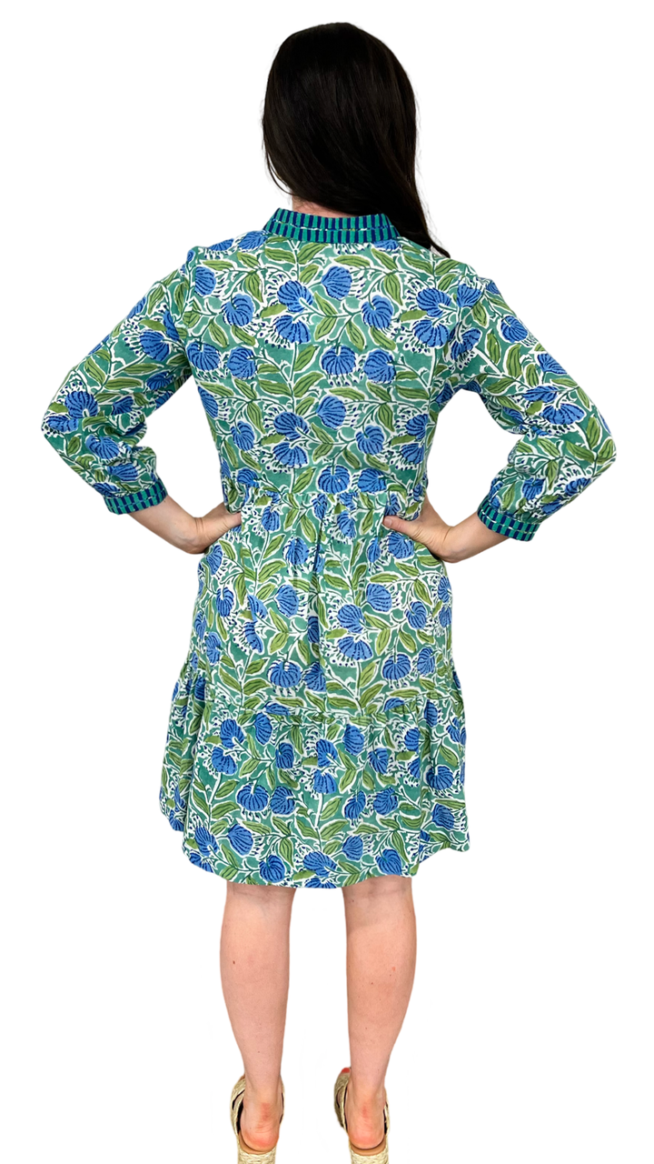 The Naomi Hand Block Printed Embroidered Trim Floral Dress in Green and Blue — view 5