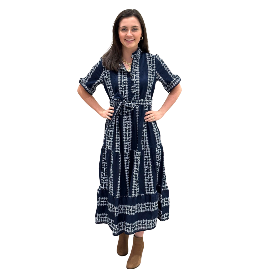 navy blue dress with white embroidery The Deirdre Navy And White Embroidered Textured Print Dress – Liza Byrd