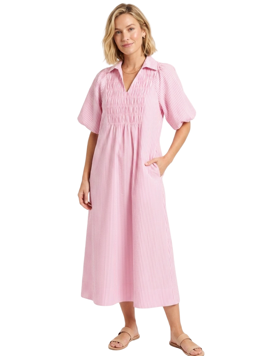 The Joanie Smocked Dress in Pink and White Stripe