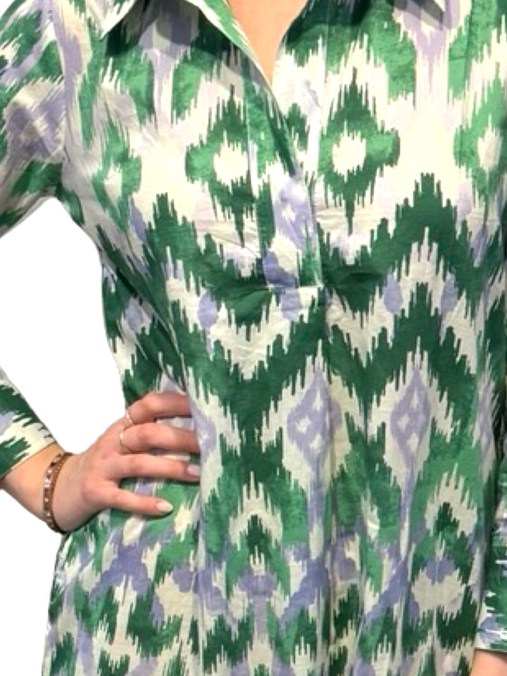 The Holland Cotton Shirt Dress in Green Ikat — view 3