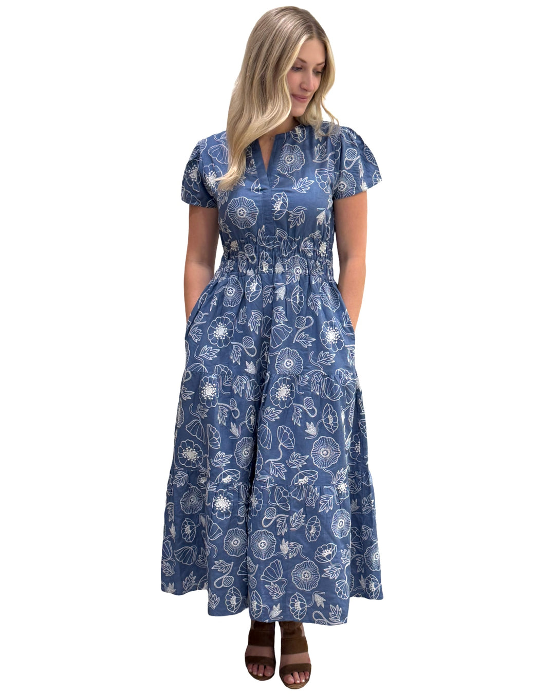 The Sydney Embroidered Cinch Waist Dress in Blue White
