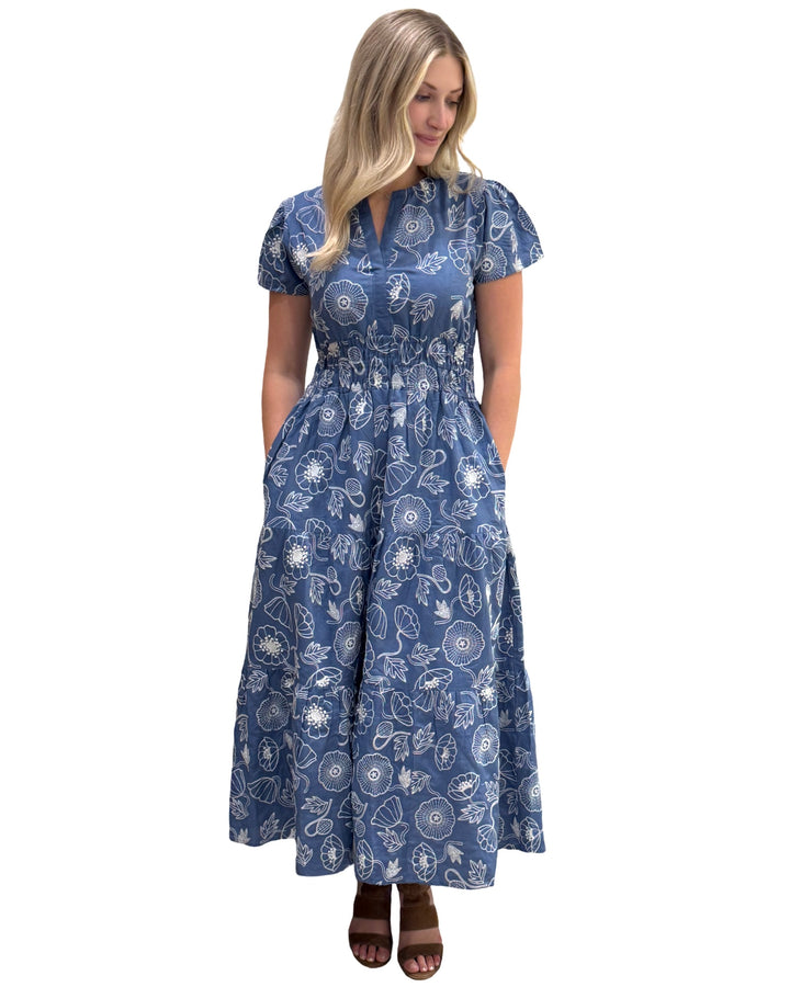The Sydney Embroidered Cinch Waist Dress in Blue White