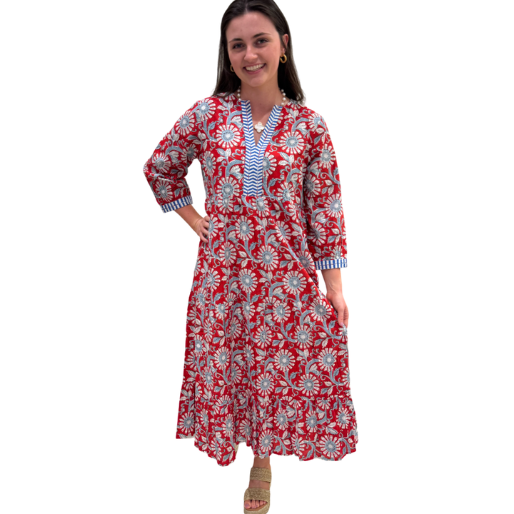 The Daniella Embroidered Trim Dress in Red and Blue Handblocked Floral — view 3