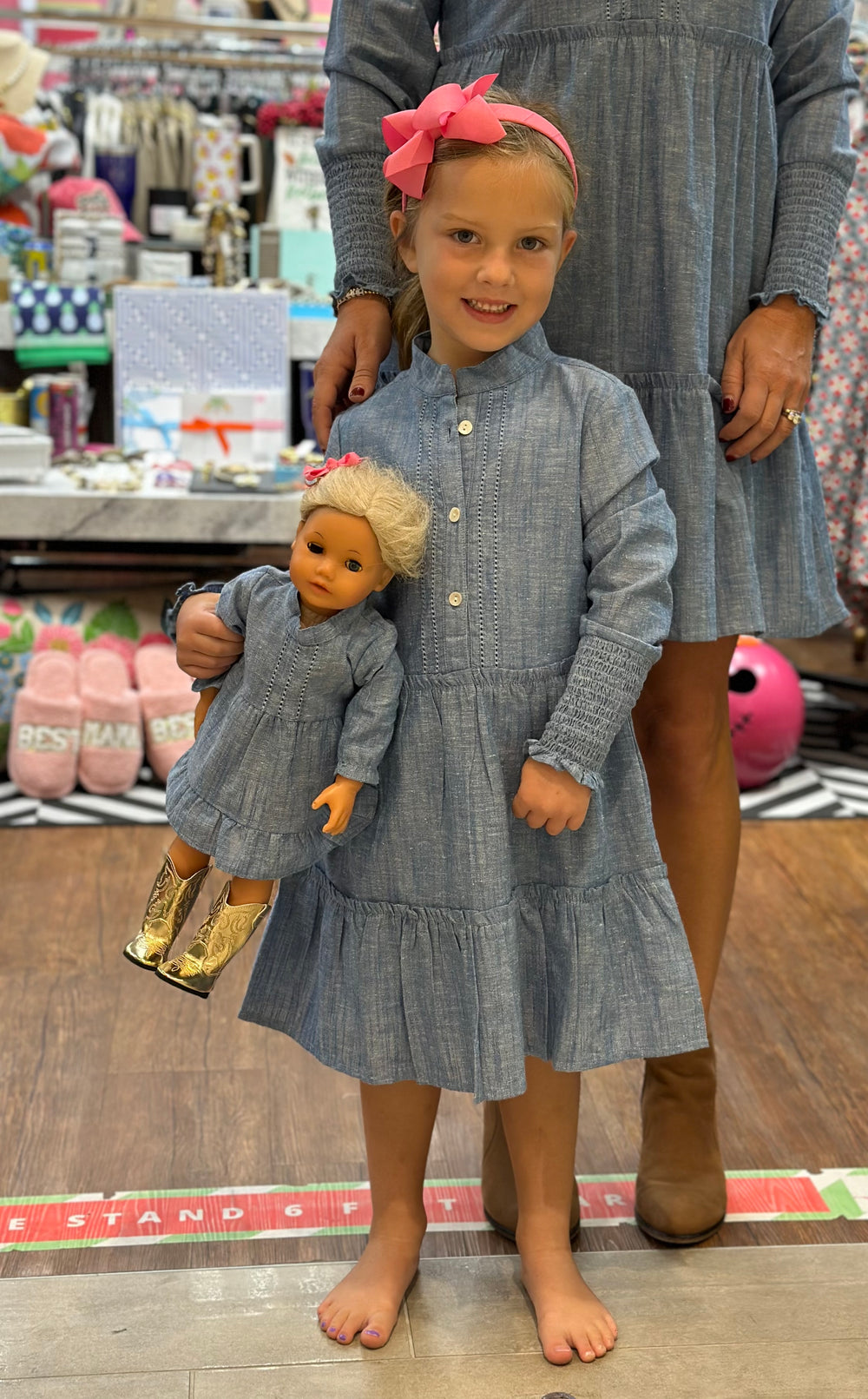 The Wesley Smocked Sleeve Girls Dress in Chambray