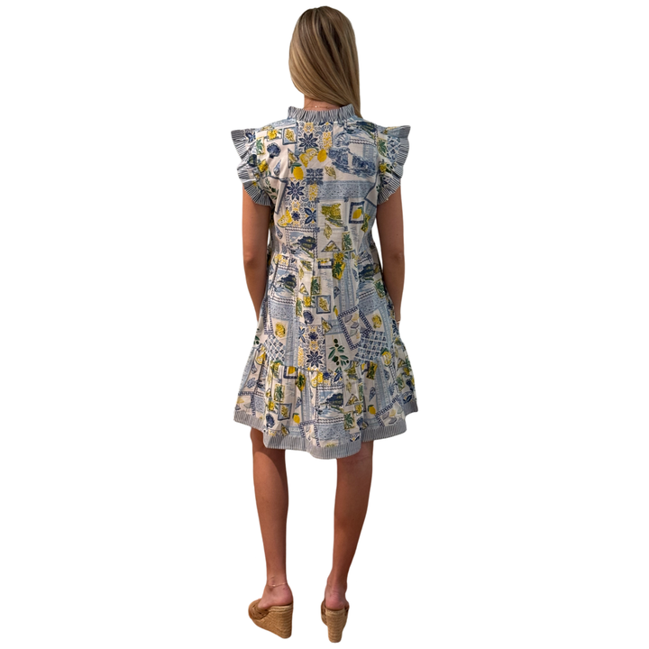 The Campbell Cotton Flutter Sleeve Dress in Blue Lemon Patch Print — view 6
