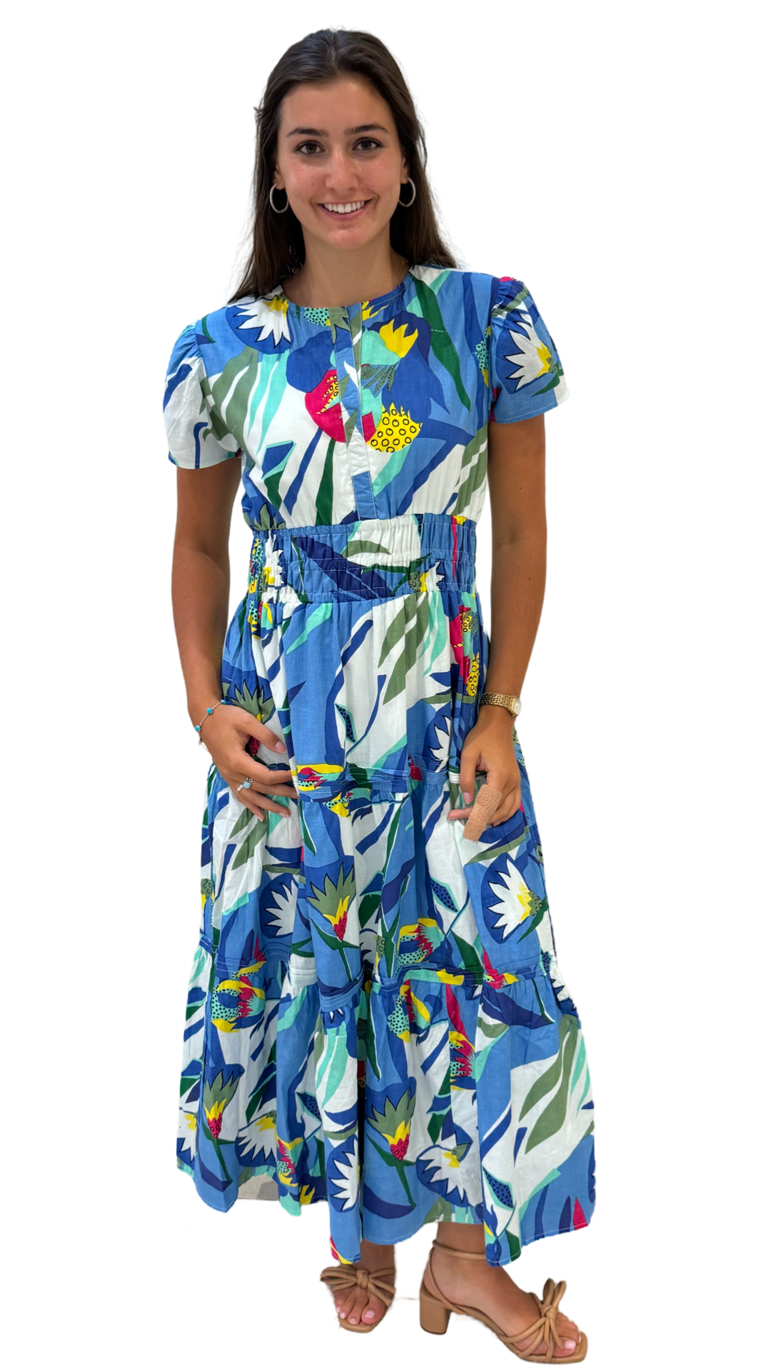 The Sydney Cinch Waist Dress in Blue Multi Color Tropical Cotton — view 3
